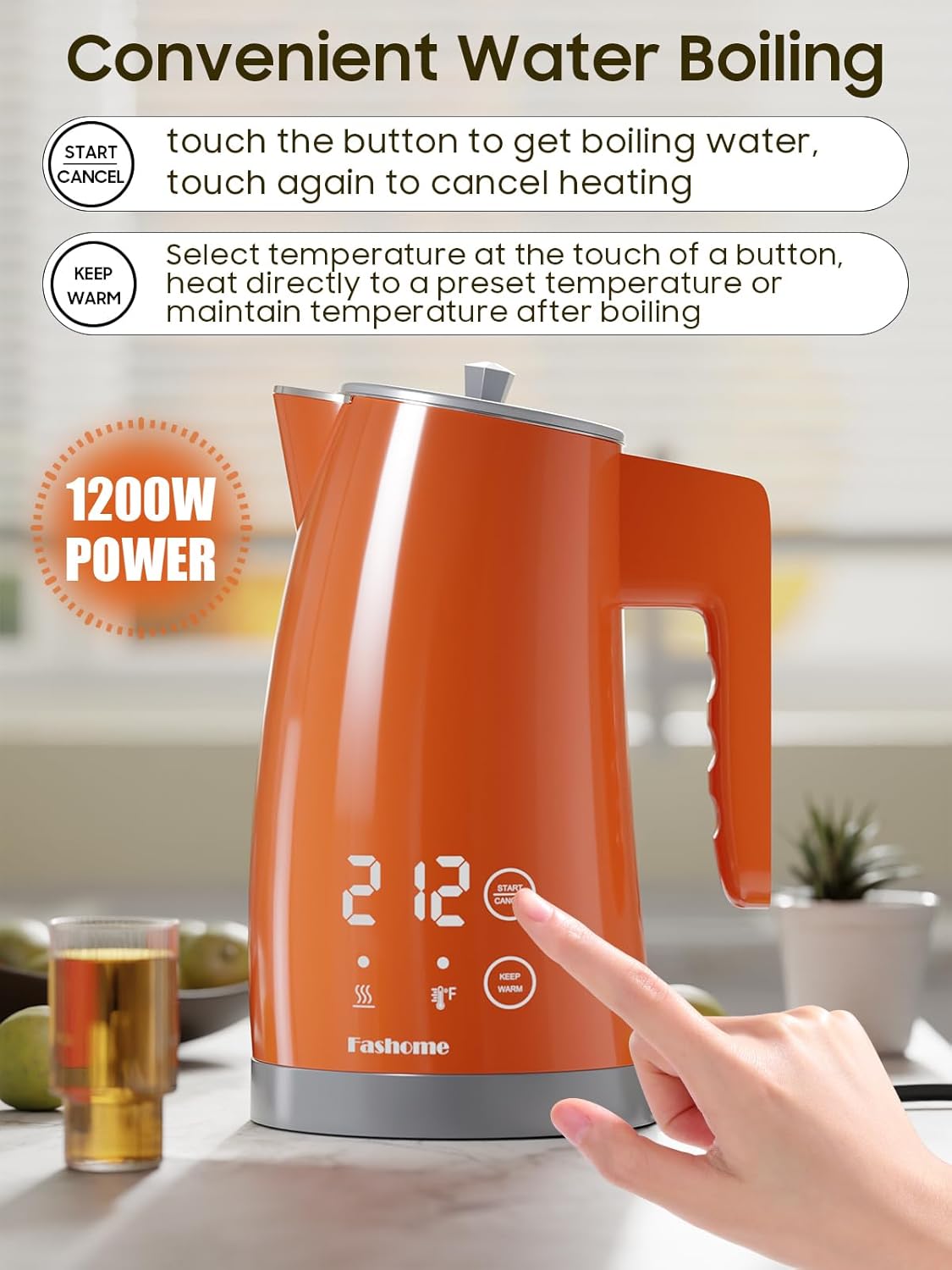 Electric Kettle with 5-Temperature Control,1.25L Cordless,Penguin Shape Design,1200W with Keep Warm and Auto Shut-Off,Perfect for Tea,Coffee & Themed Kitchen(Orange)