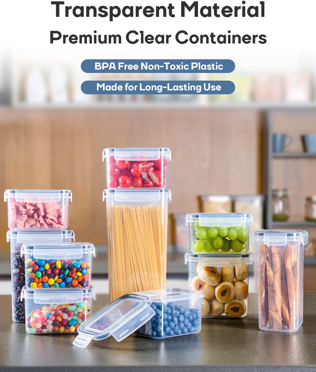 Airtight Food Storage Containers with Lids, Clear Pantry Canister Set for Kitchen Organization, Stackable Organizers for Flour, Sugar, Cereal, Rice, BPA Free Plastic 24 Pack with Different Sizes