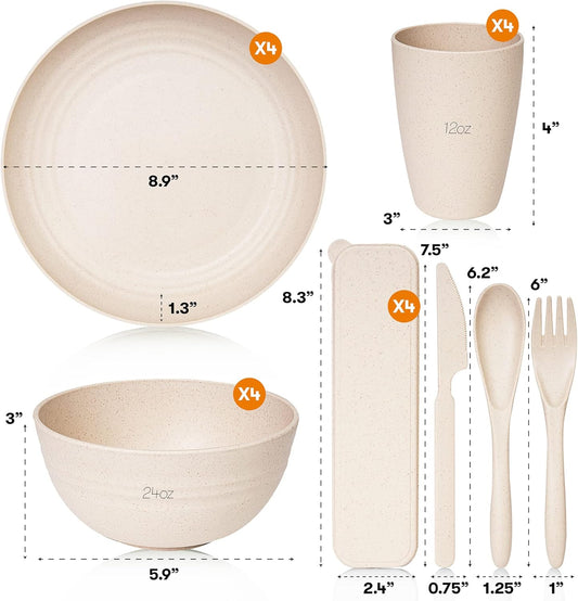 Wheat Straw Dinnerware Sets | Unbreakable Dinnerware Sets | Dishwasher Microwave Safe Dinnerware | Eco Friendly Non Breakable Dinnerware Sets | RV Outdoor Camping (Beige, Service for 4 (28 pcs))