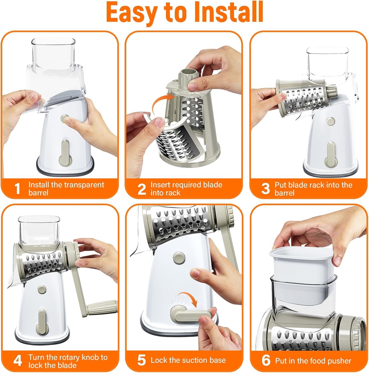 Rotary Cheese Grater Hand Crank with 5 Interchangeable Blades, Vegetable Slicer Chopper for Fruit Vegetable Nuts, Mandoline Slicer for Kitchen with Blades Rack & Suction Base, White