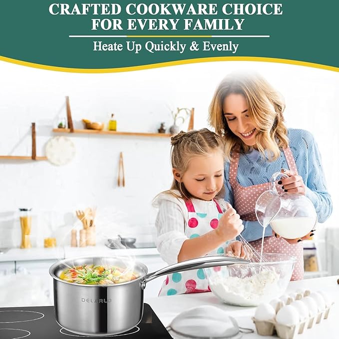 DELARLO Tri-Ply Stainless Steel 1 Quart Saucepan with Lid, Compatible With All Stove 600℉, Small Pots for Cooking, Fast Even Heats, Stainless Pot 1QT, Durable Sauce Pot, Saucepan with Lid