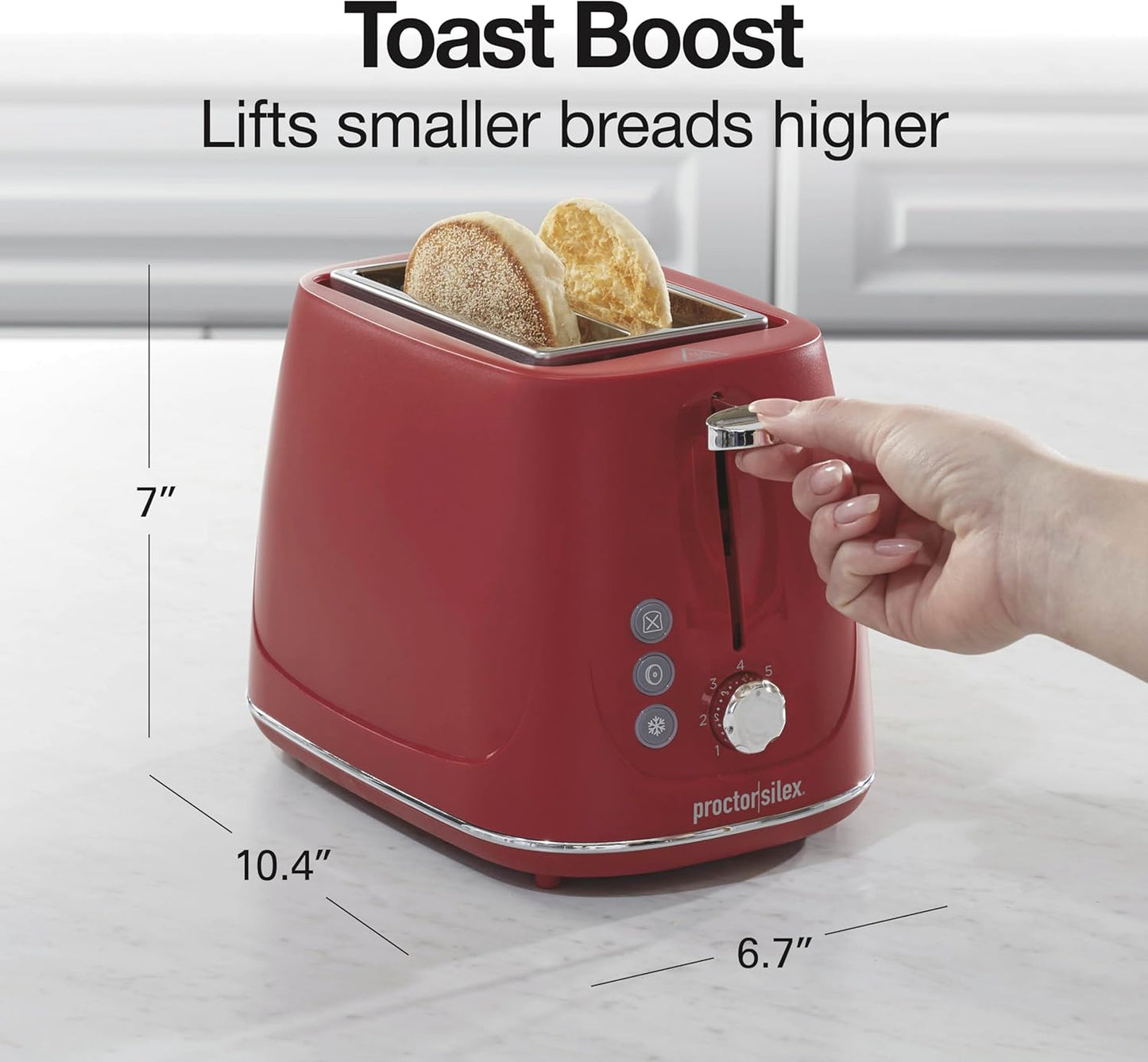 Proctor Silex Plastic 2 Slice Toaster, Bagel, Defrost & Cancel Buttons, Browning Control With 7 Shades, Auto Shutoff, Slide-Out Crumb Tray, Red (22661)