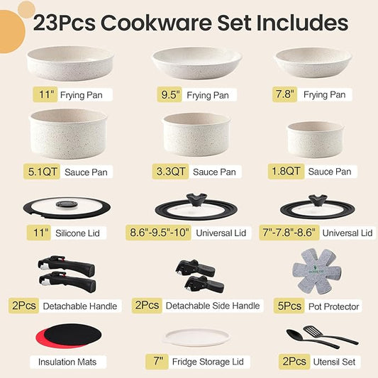 23 Pcs Nonstick Pots and Pans Set with 4 Detachable Handle, Ceramic Cookware Set Non Toxic, Induction Dishwasher Oven Safe Cookware Set, RV Kicthen Set Removable Handle, White Granite