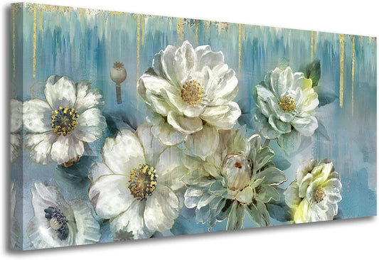 Ardemy Floral Canvas Wall Art Large Magnolia White Flowers Pictures Wall Decor Teal Textured Paintings Modern Turquoise Artwork for Living Room Bedroom Dinning Room Home Office, 48"x24"