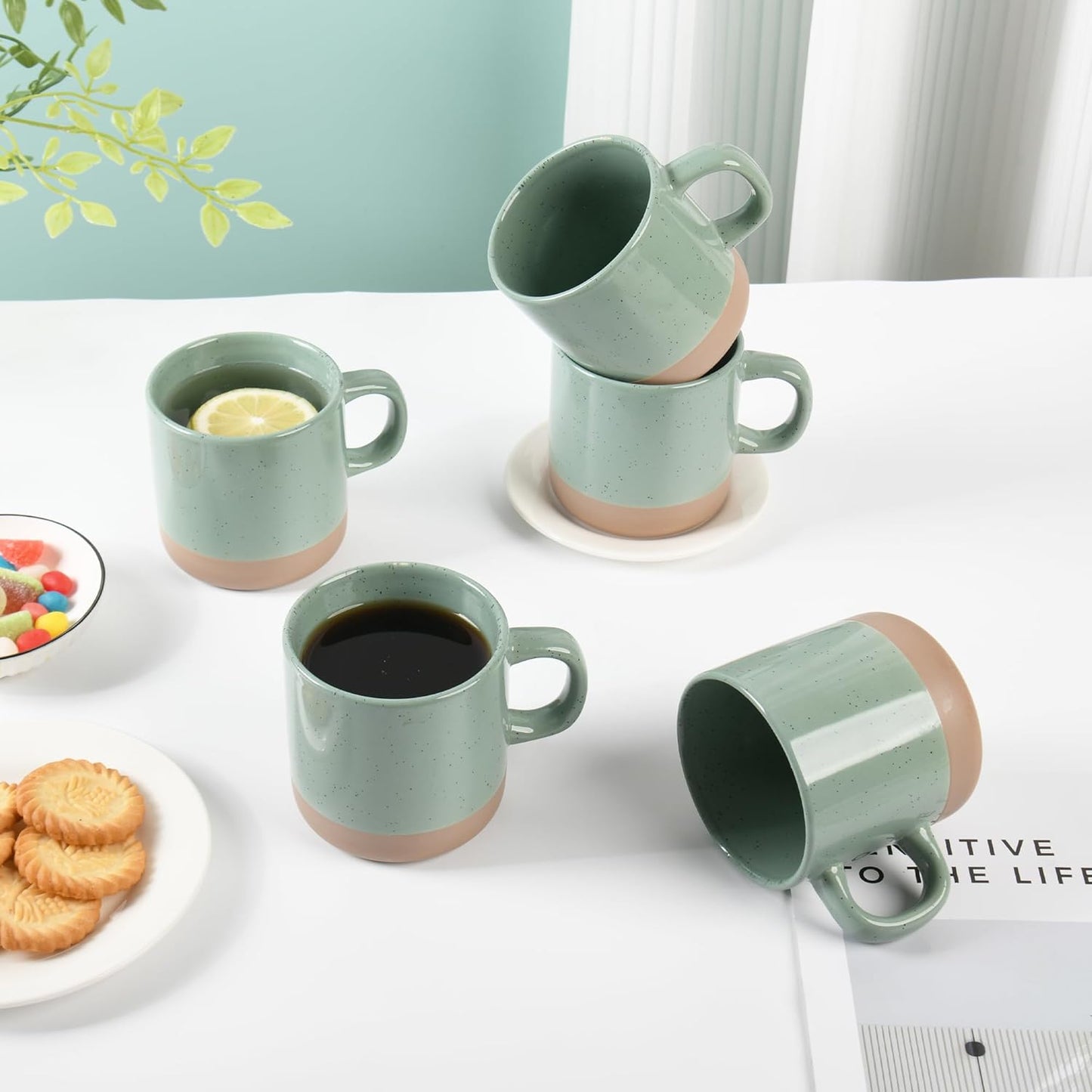 12oz Coffee Mug Set for 6, Tea Cups with Handle for Coffee, Tea, Cocoa, Milk (Green)