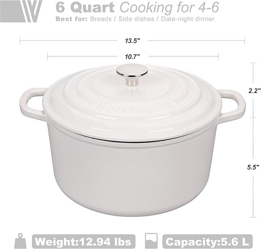 Enameled Cast Iron Dutch Oven Pot with Lid, for Sourdough Bread Baking, Round Dutch Ovens, 6 Quart, White