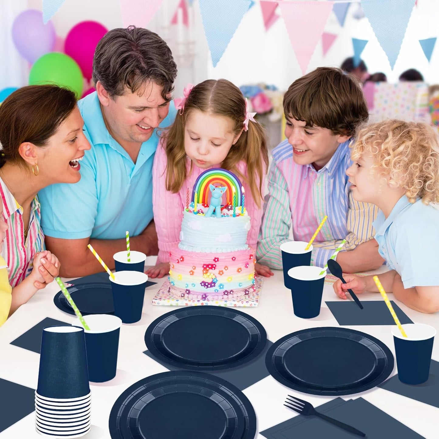 TWOWYHI 228PCS Navy Blue Party Supplies Set Include Paper Plates Cups Paper Napkins Plastic Spoons Forks Knives for 30 Guests Disposable Party Dinnerware for Birthday Wedding Family Picnic