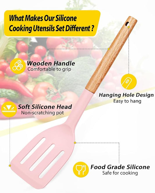 Pack of 4 Silicone Cooking Utensils Set, Non Stick Solid Spatulas and Heat Resistant Slotted Spoons with Wooden Handle, Ideal Wood Kitchen Utensils Set for Frying,Serving,Turning,Stirring (PINK)