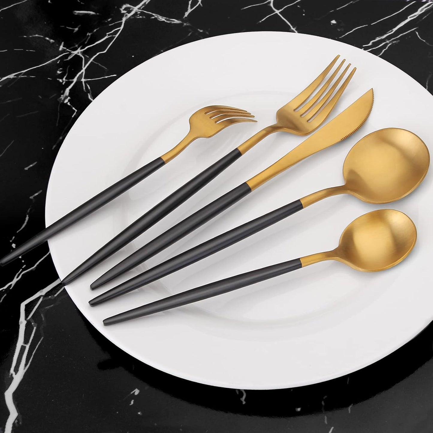 Matte Gold Silverware Set with black handle, Vanys 20 Piece Stainless Steel Cutlery Flatware Set, Kitchen Utensil Sets for 4, Tableware With Knife Spoons And Forks Set, Satin Finished Polished