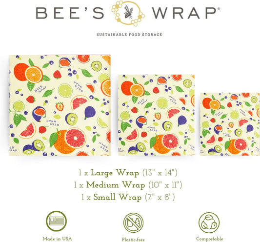 Bee's Wrap Beeswax Wraps for Food - Made in USA Reusable & Organic Food Wraps, Sandwich Wrap & Bowl Covers - Eco-Friendly Alternative to Aluminum Foil & Plastic Wrap, Fresh Fruit 3 Pack (S, M, L)