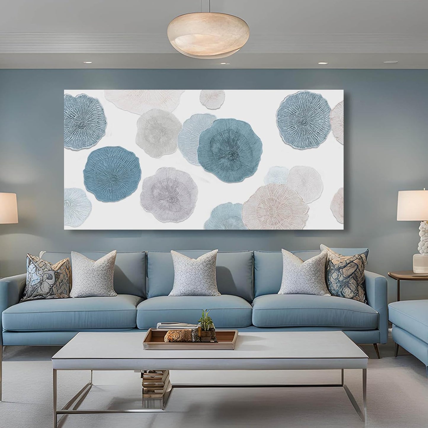 VAYIMDH Canvas Art Light Blue Pictures Wall Decor Grey and Blue Abstract Floral Wall Art Minimalist Poster for Living Room 29"x 58" Office Aesthetic