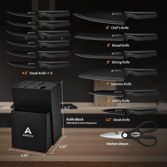 Knife Set with Block - Kitchen Knife Set German High-Carbon Steel - 15-Piece with Built-in Sharpener & Dishwasher Safe - Ergonomic Anti-Slip Handles,Black,Gift Box Included