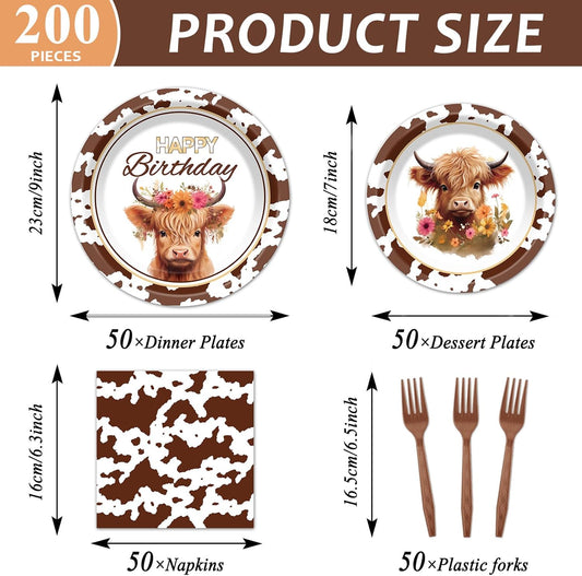 200 Pcs Highland Cow Birthday Tableware Disposable Brown Cow Paper Plates Napkins Party Supplies Highland Cattle Dinnerware Set Western Farm Animals Kids Baby Shower Party Decoration Serve 50 guest