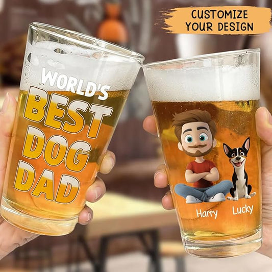 Wrappiness Best Mom Dad Logo Personalized Custom Beer Glass - 16oz Glassware for Beer Soda Cocktails - Gift for Dog Lovers, Father's Day, Birthday Gift for Parents (B04, 3 Dogs)