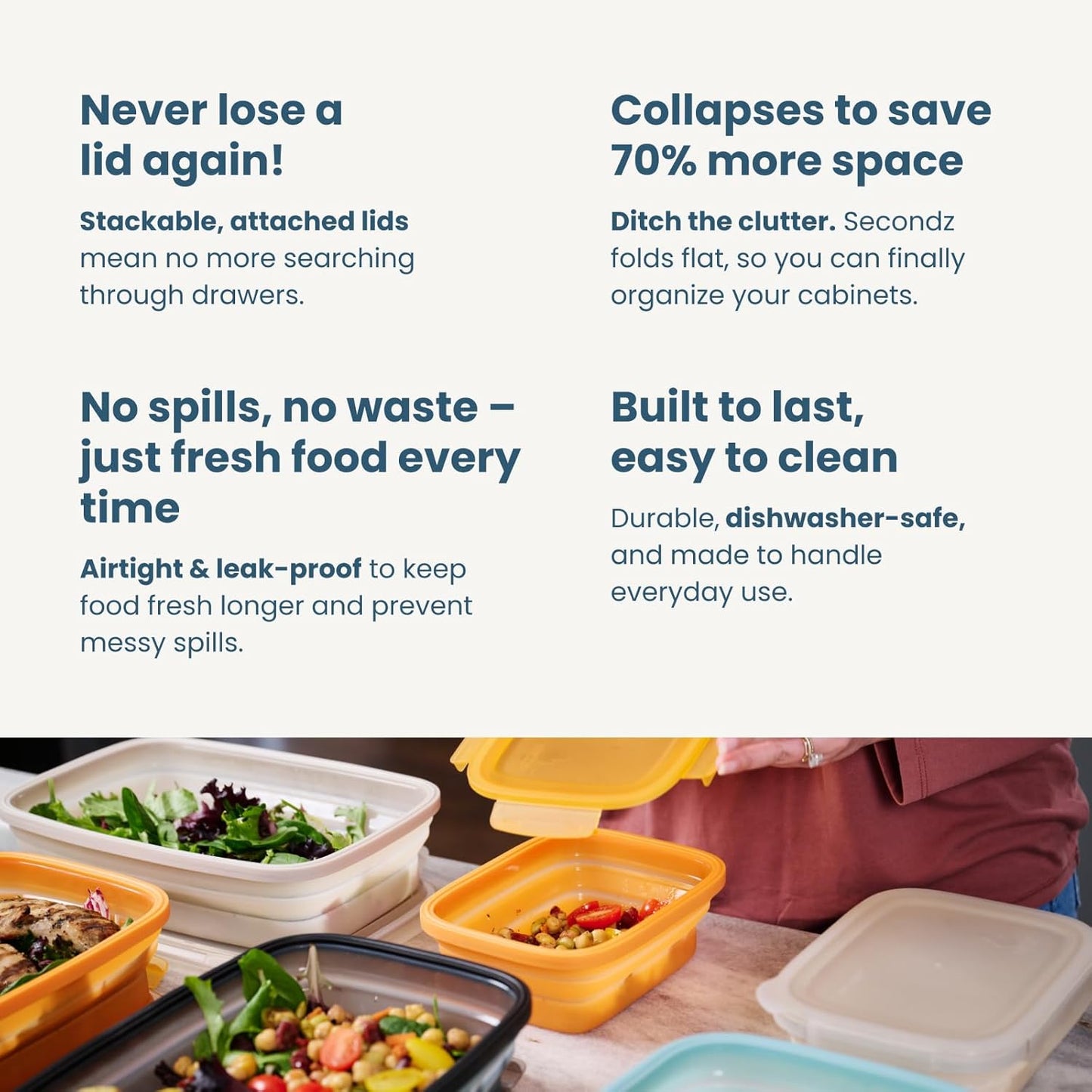 Drip EZ Secondz Collapsible Food Storage Containers (set of 3) - Meal Prep, Leftovers, Lunch, Camping, Hiking - Dishwasher & Microwave Safe - BPA-free Silicone - Locking Lids - Orange