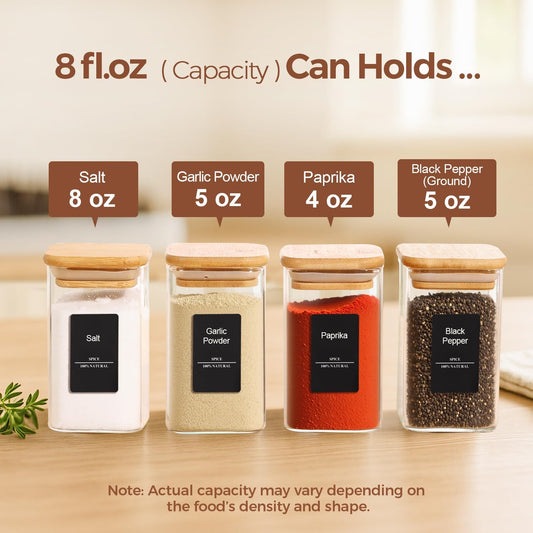 ComSaf 12Pcs Glass Spice Jars with Bamboo Lid, 8oz Airtight Square Containers with 275 Black Lables, Empty Seasoning Jars for Spice Salt Sugar