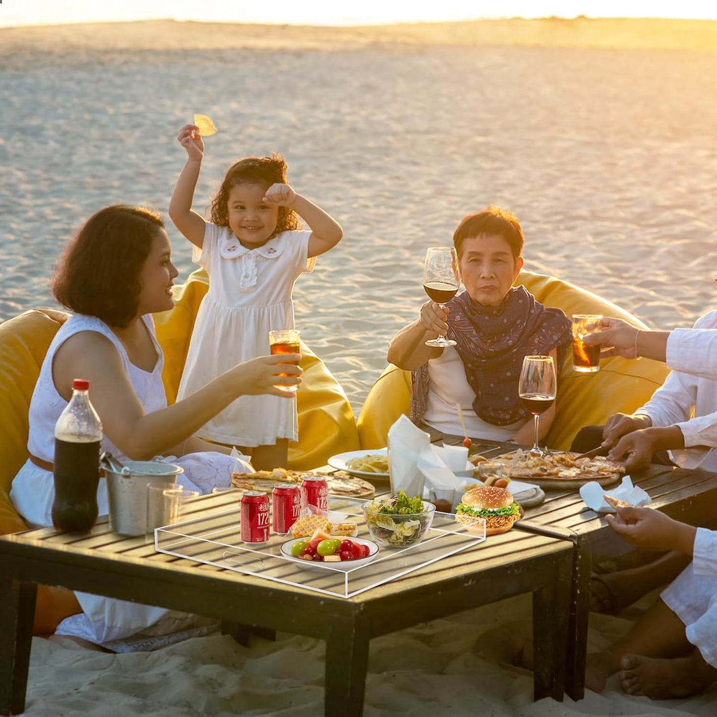 18×18 inches Oversized Clear Acrylic Ottoman Tray Extra Large Decorative Tray Spill-Proof Serving Trays with Handles King-Size Safe Edge Organizer for Coffee Table Countertop Breakfast