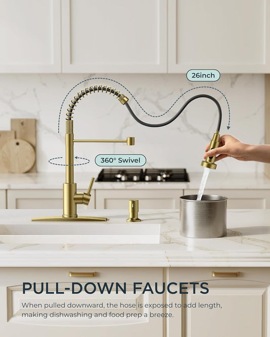 FORIOUS Kitchen Faucet with Soap Dispenser, Gold Stainless Steel Spring Sink Faucet with Pull Down Sprayer Transitional Single Handle for Pot Filler, Farmhouse Camper Bar Laundry Room
