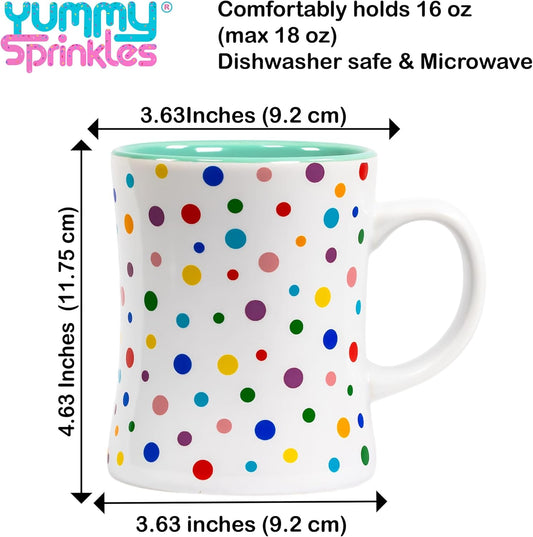 Mint Green Cute Coffee Mug with Confetti Polka Dot Rainbow Sprinkles | Birthday Cake Coffee Cup Gift |Fun Colorful Pattern | Large White Ceramic Cup with Green, Yellow, Red, Pink, and Blue Sprinkles