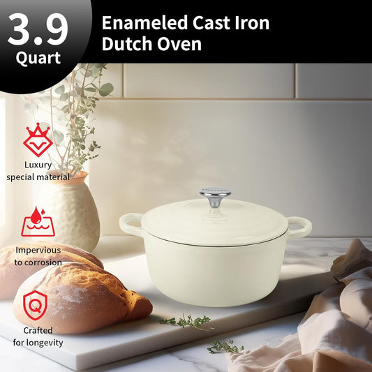 Enameled Cast Iron Dutch Oven Pot with Lid, 3.9 Quart Dutch Oven for Bread Baking, Oven Safe up to 500° F, Suitable for Bread Baking, Braising, Roasting, Stews, White
