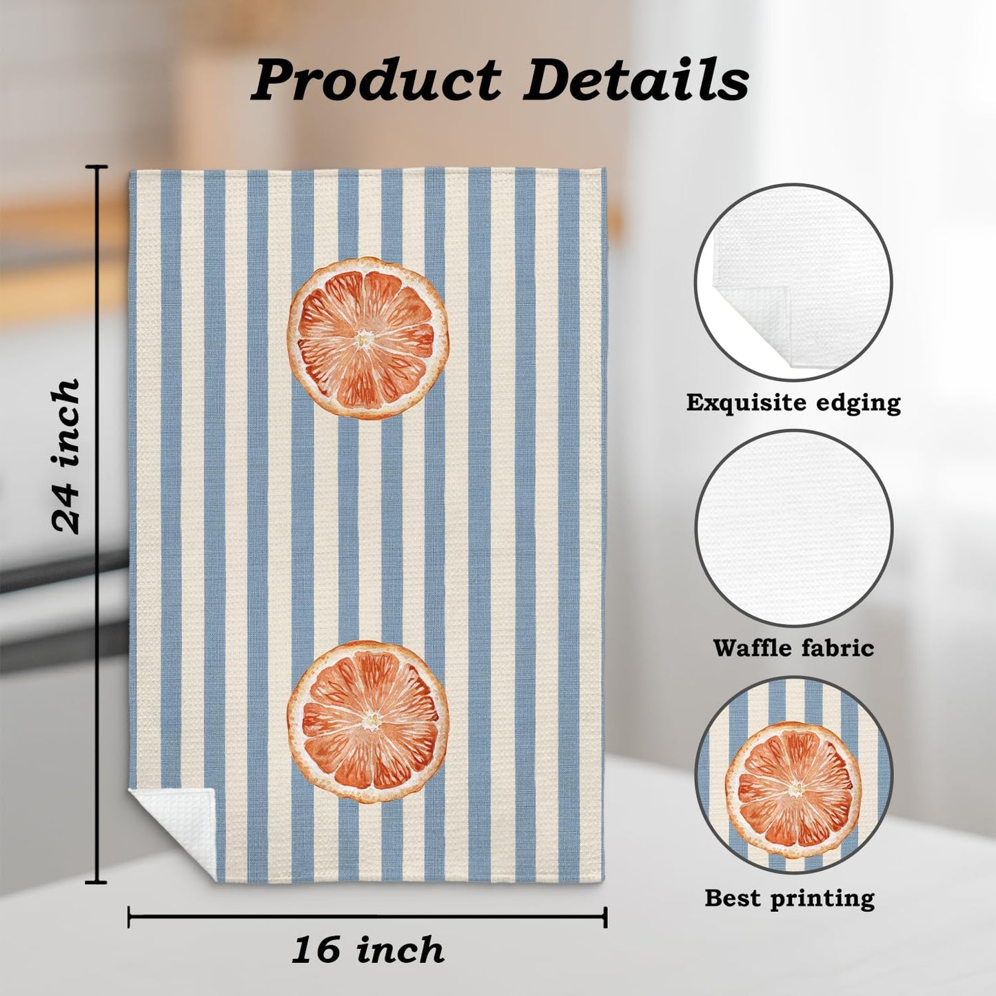 Grapefruit Fruit Kitchen Towels, Blue and White Striped Grapefruit Dish Tea Towel for Kitchen Decor, Fruit Lover Gifts Decorative Hand Towels for Bathroom, 16x24 Inch