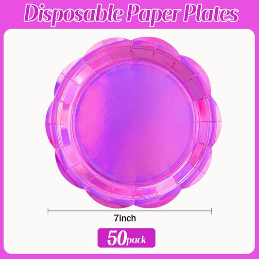 50PCS Iridescent Pink Paper Plates 7 Inch, Disposable Holographic Scalloped Plates Cake Dessert Plate for Mermaid Birthday Wedding Party Supplies (Iridescent Pink, 7 inch)