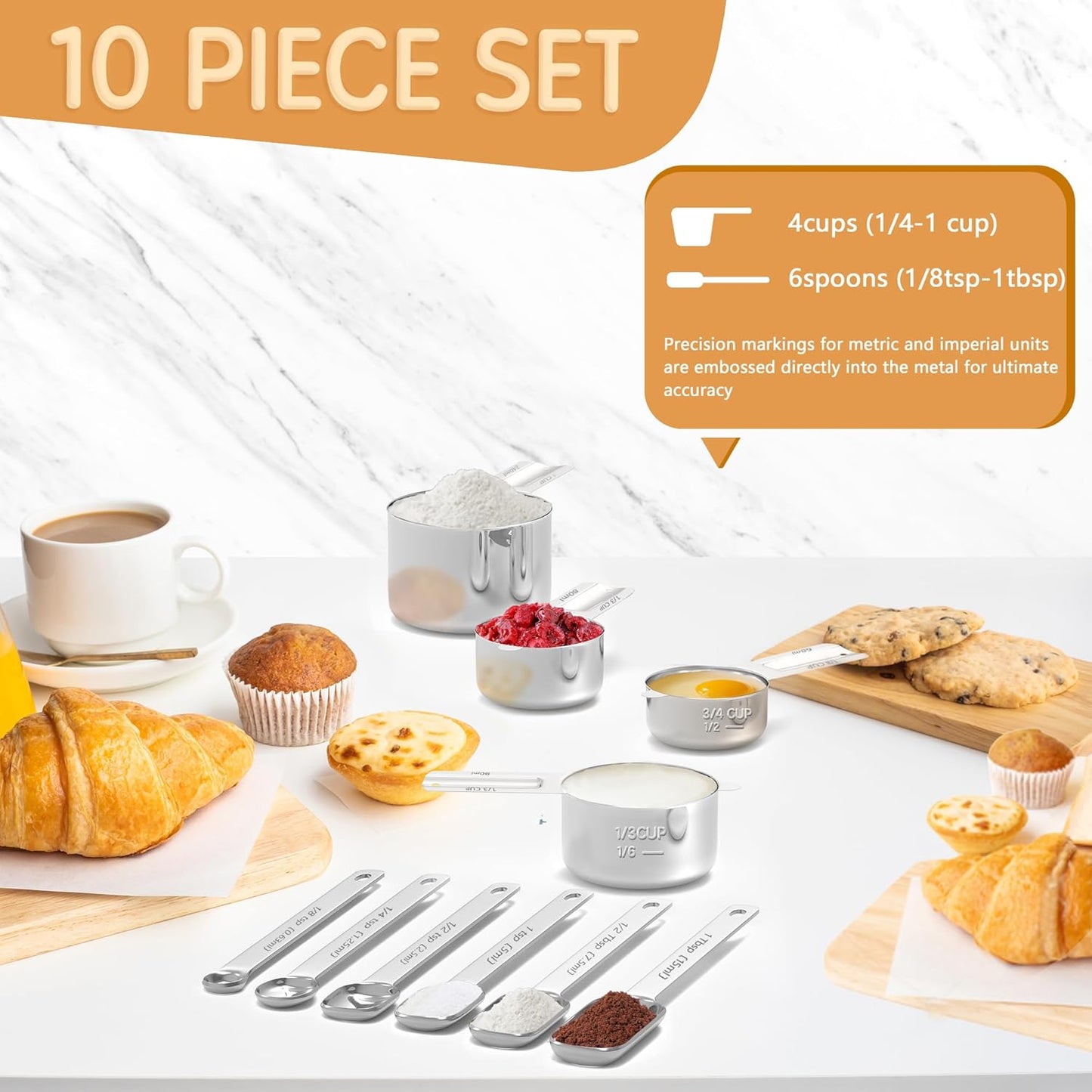 Stainless Steel Measuring Cups & Spoons Set for Cooking and Baking, Nesting Measuring Cups Measuring Spoons for Measuring Dry or Liquid Ingredients, Kitchen Gadgets, 10Pack