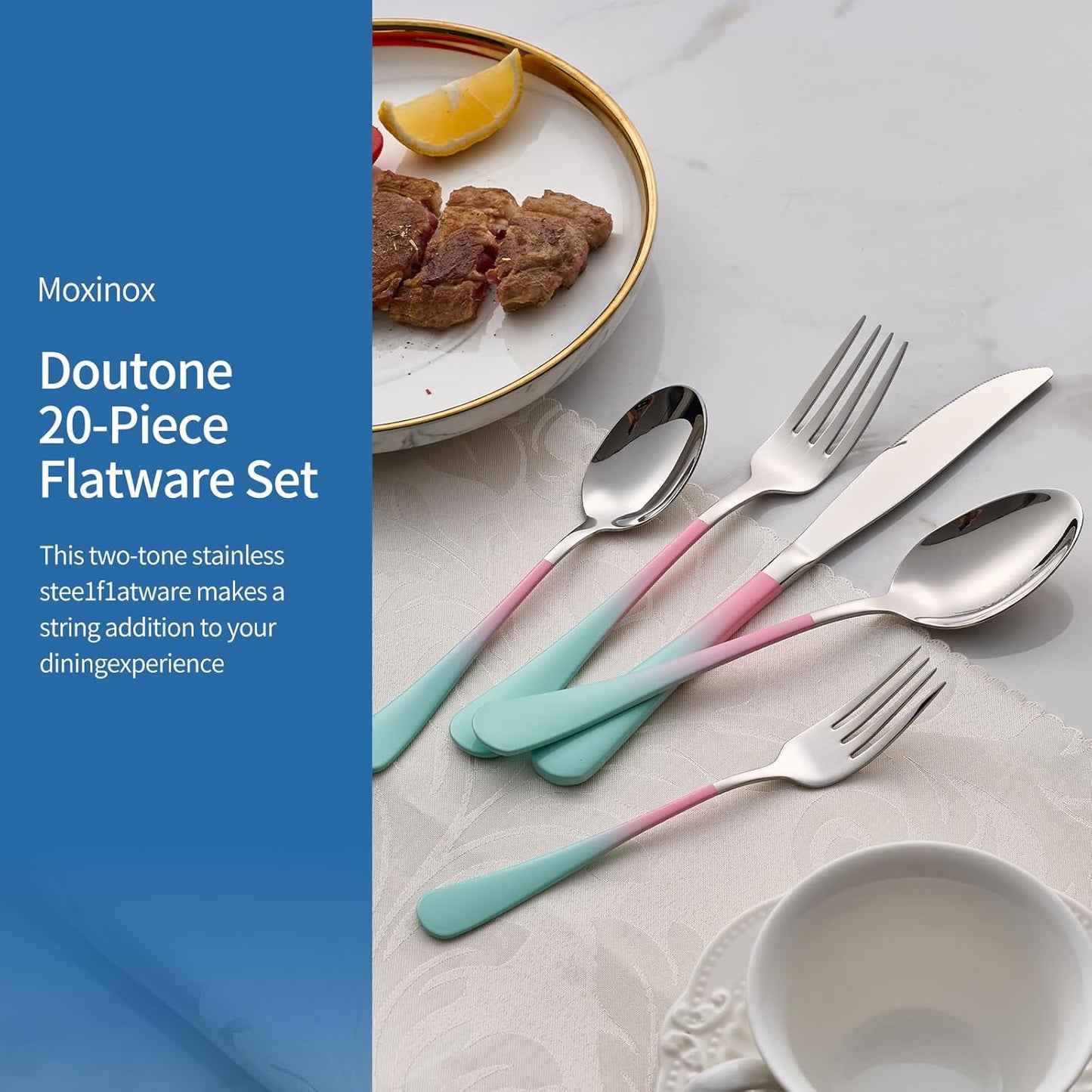 20-Piece pink & green Silverware Set,18/0 Stainless Steel Colorful Handle Flatware Set,Service for 4,Modern Cutlery Set Includes Dinner Knives Forks Spoons, Mirror Polished,Dishwasher Safe