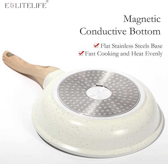 ESLITE LIFE Nonstick Ceramic Frying Pans Skillets Set, Non-Toxic Egg Omelette Kitchen Cooking Pans Compatible with All Stovetops (Gas, Electric & Induction), PTFE & PFOA Free (White)