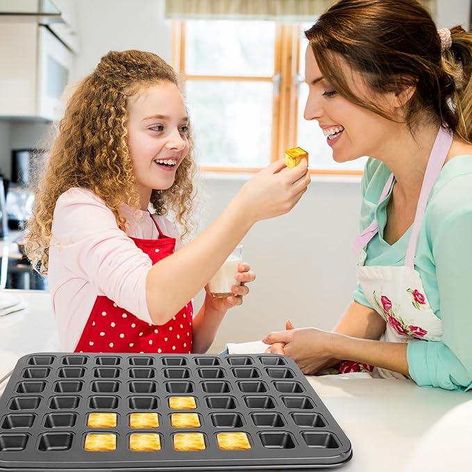 Beasea Mini Brownie Bite Pan with Dividers, 1 Pack 48 Mini Small Tiny Cup All Edges Non Stick Square Cupcake Baking Sheet Tin Tray Carbon Steel Bakeware Individual Cutter Baking Pan - Black