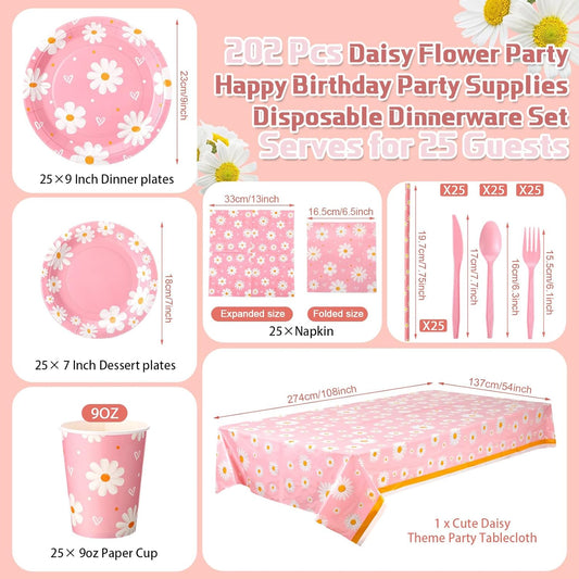 Sawysine 202 Pcs Daisy Happy Birthday Party Supplies Disposable Dinnerware Set 50 Plates 25 Cups 25 Napkins 25 Plastic Forks 25 Knives 25 Spoons 25 Straw Flag Tablecloth to Serve 25 Guests