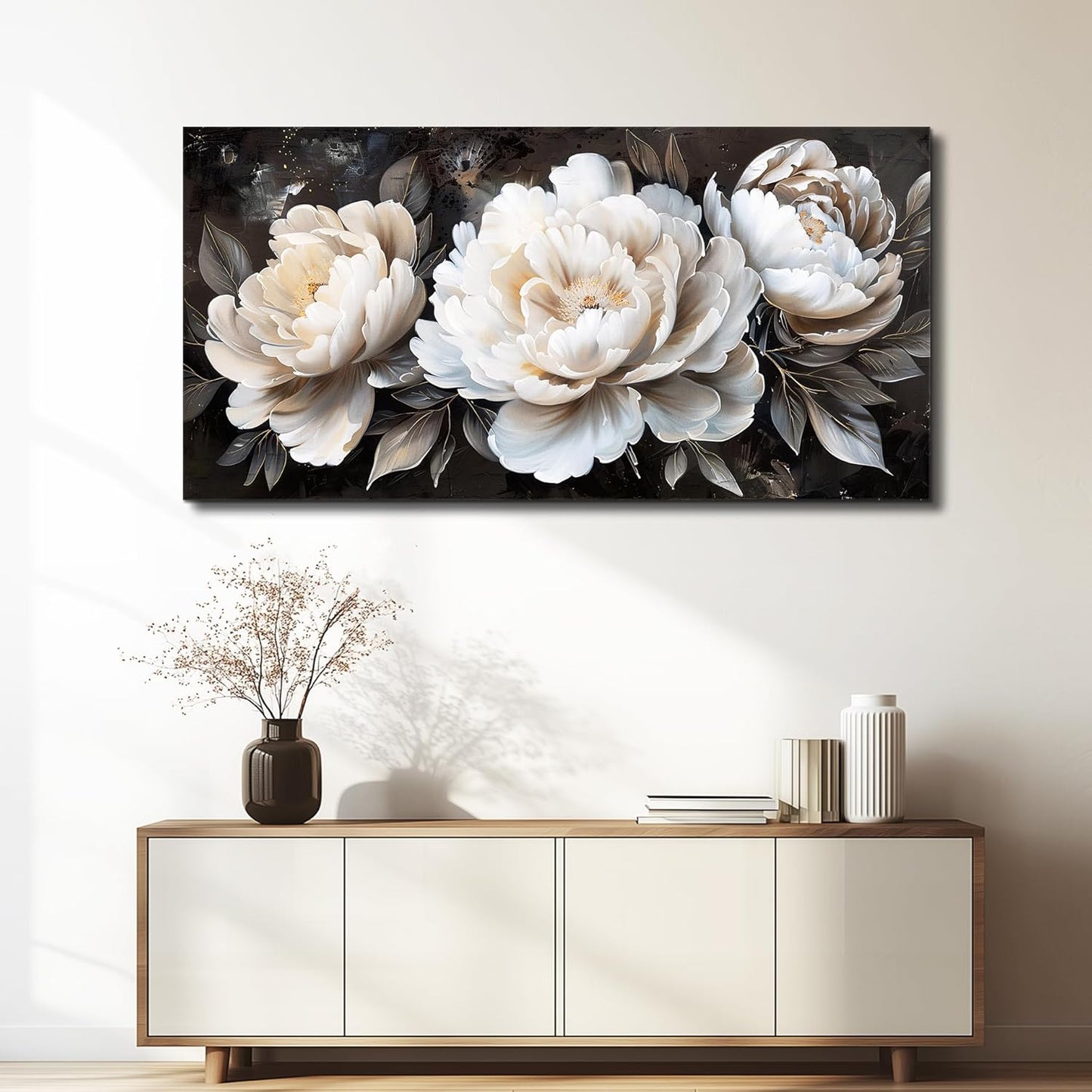 QIYILEXWART Large Wall Decor For Living Room Canvas Wall Art For Office Modern Wall Decorations For Bedroom White Peony Landscape Painting Farmhouse Pictures Artwork Room Home Decor 24x48 In