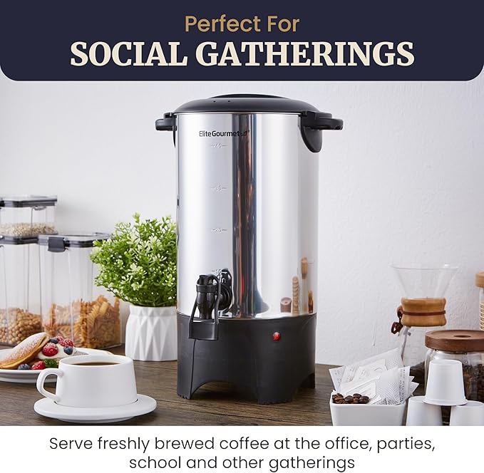 Elite Gourmet CCM040 Stainless Steel 40 Cup Coffee Urn Removable Filter For Easy Cleanup, Two Way Dispenser with Cool-Touch Handles Electric Coffee Maker Urn, Stainless Steel