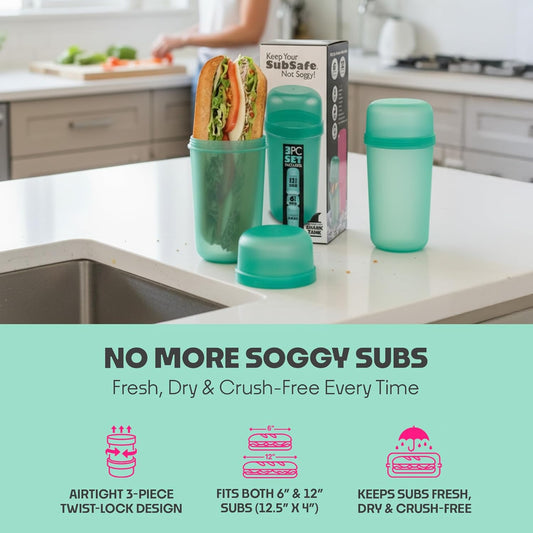 SubSafe 3-Piece Sub Sandwich Container, Seafoam Green - As Seen on Shark Tank - Waterproof, Crushproof, BPA-Free Food Storage that Floats - Fits 6 & 12 in Subs - Great for Travel, Beach, Camping