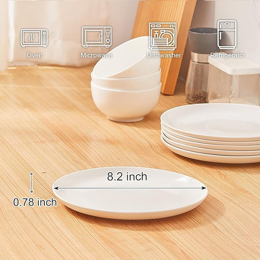 AntoKueh White Ceramic Plates Set of 6, 8.2 Inch Round Porcelain Salad Plate, 6-piece dishes with shallow Edge for Appetizer, Steak, Dishwasher/Microwave safe