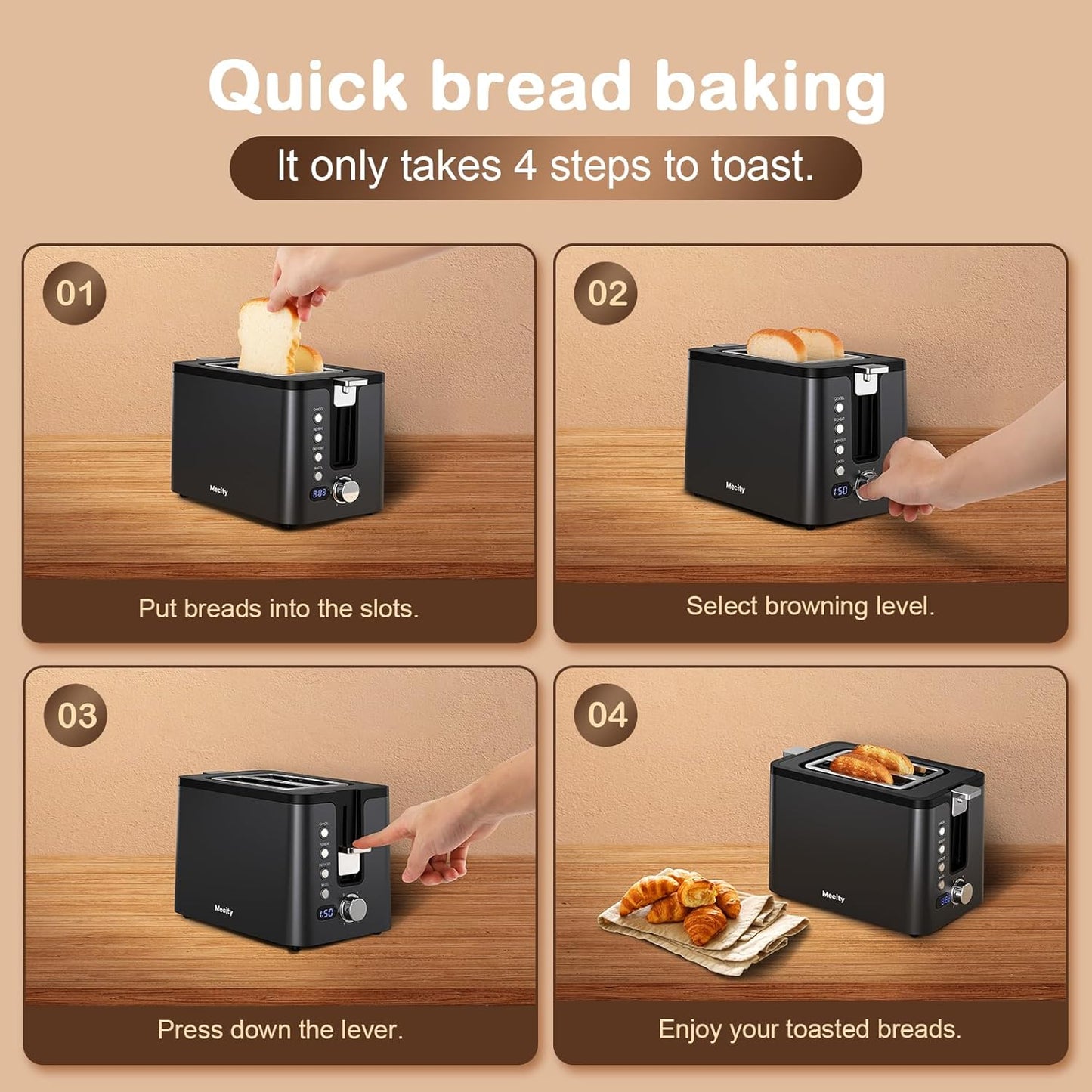 Mecity Toaster 2 Slice Stainless Steel Body, Timer, Bagel, Defrost, Reheat, Cancel Functions, Warming Rack, Removable Tray, 6 Browning Settings, Extra Wide Slots, Bread Toaster, 120V 800W Black