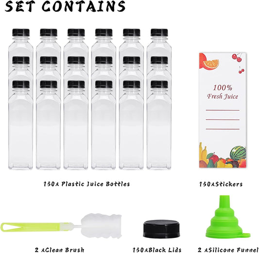 Plastic Juice Bottles 150 pcs 16 oz Empty Plastic Water Bottles with Caps Reusable Clear Beverage Containers for Drinking, Juicing, Smoothie, Water with 2 Brushes, 2 Funnels (16-OZ)