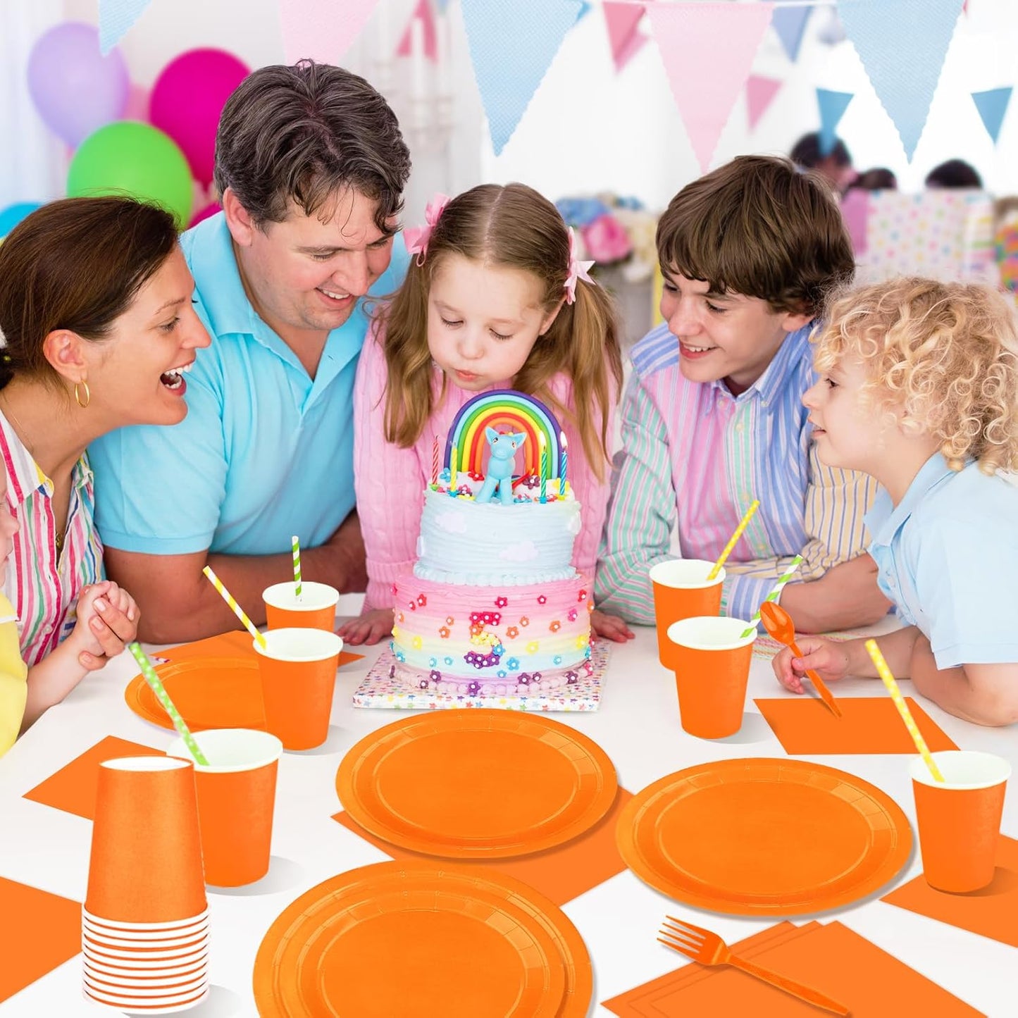 TWOWYHI 228PCS Orange Party Supplies Set Include Paper Plates Cups Paper Napkins Plastic Spoons Forks Knives for 30 Guests Disposable Party Dinnerware for Birthday Wedding Family Picnic
