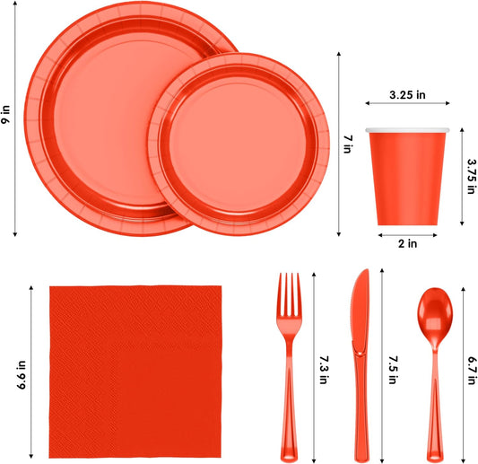 Exquisite 350 Pcs Orange Paper Plates For Party, Orange Disposable Plates Set, 50 Of Each 9" Dinner Plate Set, 7" Dessert Plate, Cups, Napkins & Cutlery Paper Dinnerware