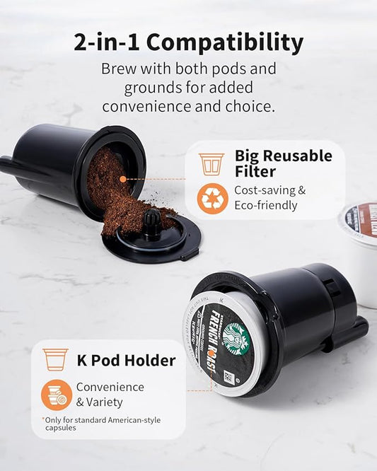 Hot & Iced Coffee Maker with Bold Setting, Single Serve Coffee Maker for K Cup and Grounds, 6-14 Oz Brew Sizes, 50 Oz Removable Water Tank, One Cup Coffee Machine with Reusable Filter, Black