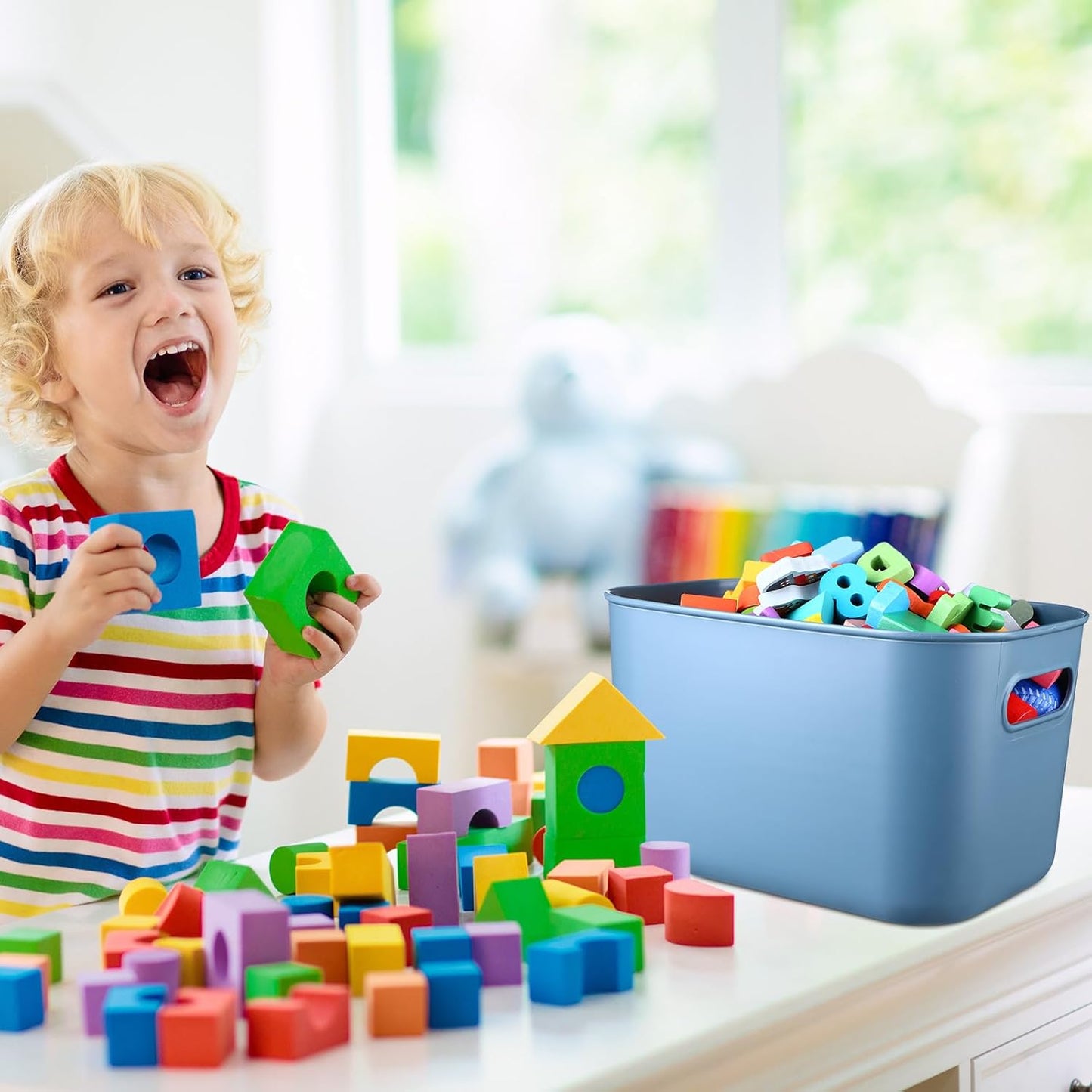 Hoolerry 8 Pieces Colorful Storage Bins with Lid, Plastic Storage Basket Organizing Container Stackable Box with Handle for Shelves Desktop Playroom Office(10.2 x 7 x 6.3 Inch,Blue)