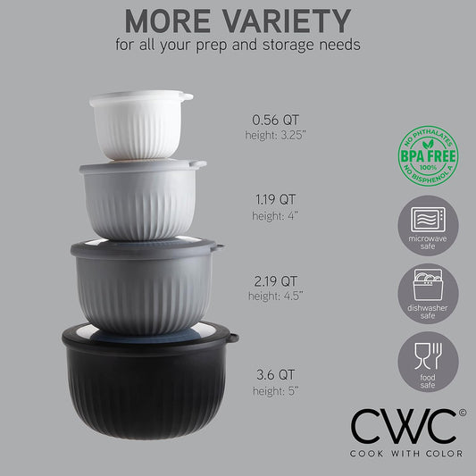 COOK WITH COLOR Prep Bowls with Lids- Wide and Deep Nesting Plastic Small Mixing Bowl Set with Lids, 8 Piece Set - Deep Bowls, Black/White