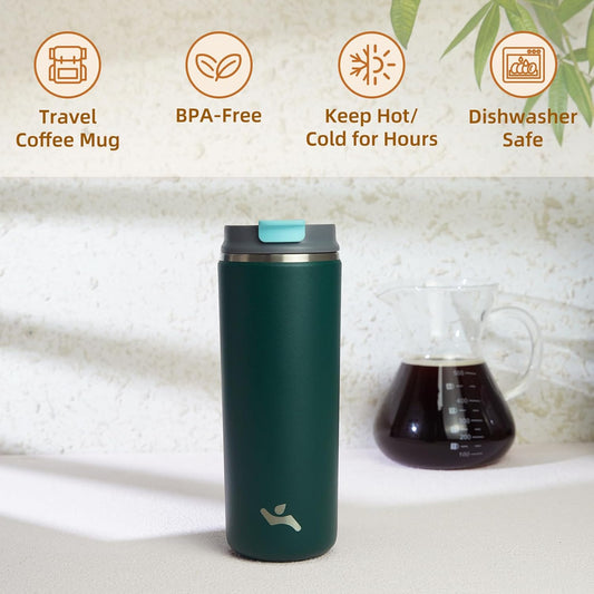Tumbler with Lid, 16 oz Travel Coffee Mug Double Wall Vacuum Stainless Steel Thermal Metal Cup Insulated Water Bottle,Dark Green