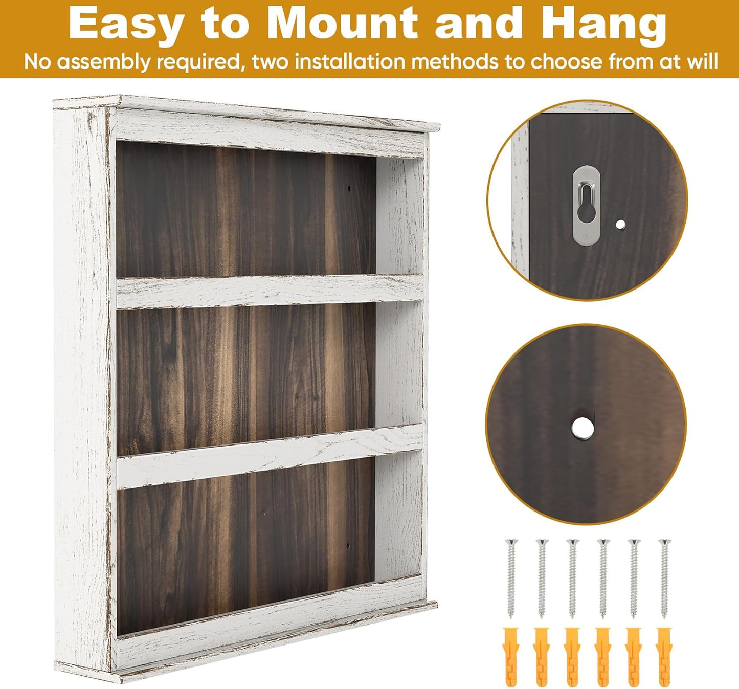 lesolar Rustic Torched Wood Spice Rack Wall Mount, 3 Tier Hanging Spice Rack, Vertical Spice Organizer Seasoning Jar Shelves for Pantry Kitchen Countertop Cabinet