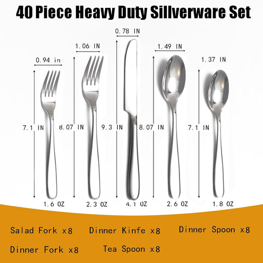 40-Piece Silverware Set, Flatware Set for 8, Food-Grade Stainless Steel Tableware Cutlery Set, Mirror Finished Utensil Sets for Home Restaurant, Forks Spoons and Knives Set, Dishwasher Safe