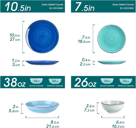 vancasso Bonita Dinnerware Set 24 Pieces Blue Stoneware Service for 6, Handpainted Spirals Pattern Stoneware Combination Set