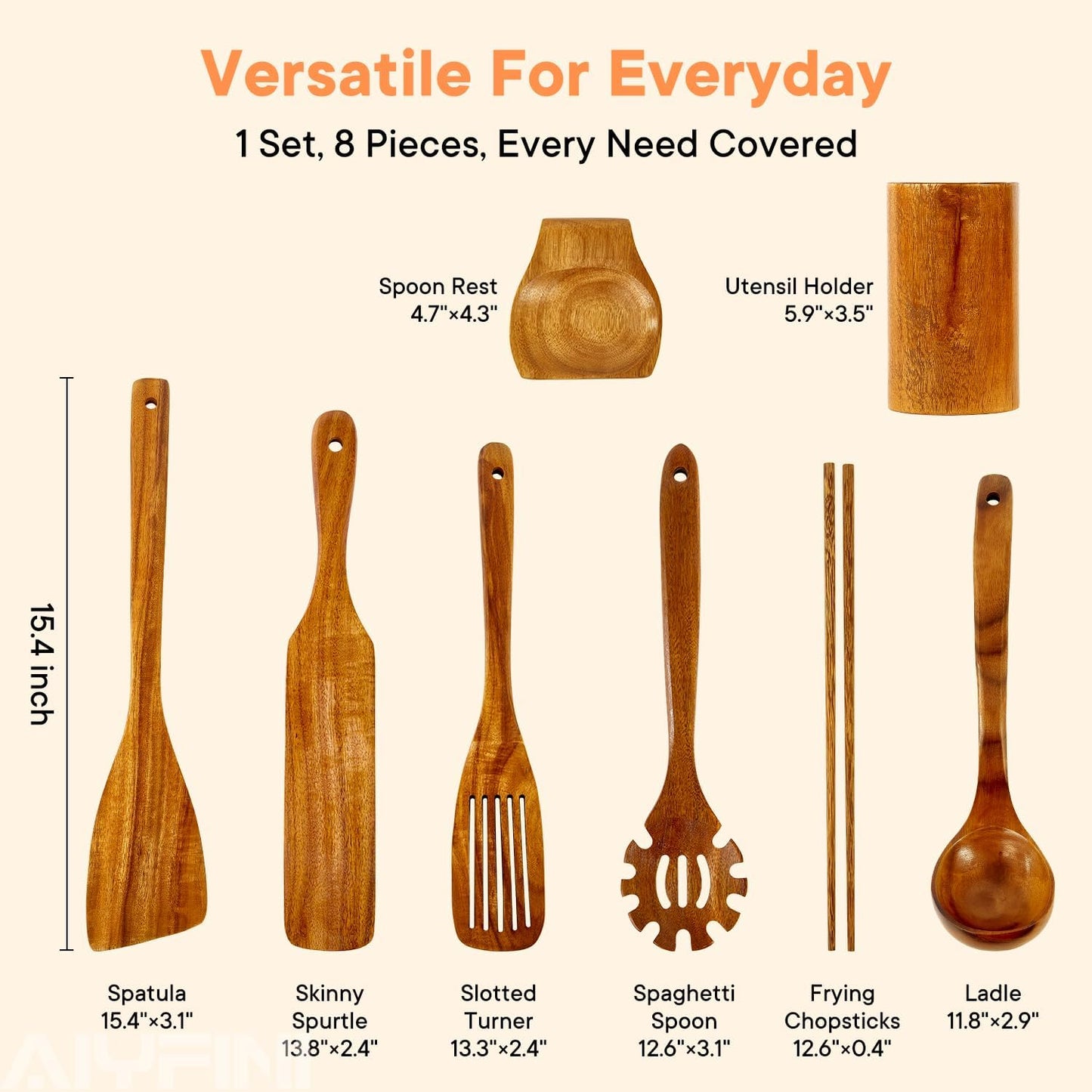Non-Toxic Wooden Utensils for Cooking - Natural Acacia & Glue-Free,15.4" Large Spatula Set, Long Handle for Scald-Resistant, Wood Kitchen Spoons/Chopsticks/Holder, for Non Stick Frying Pans by ALYFINI