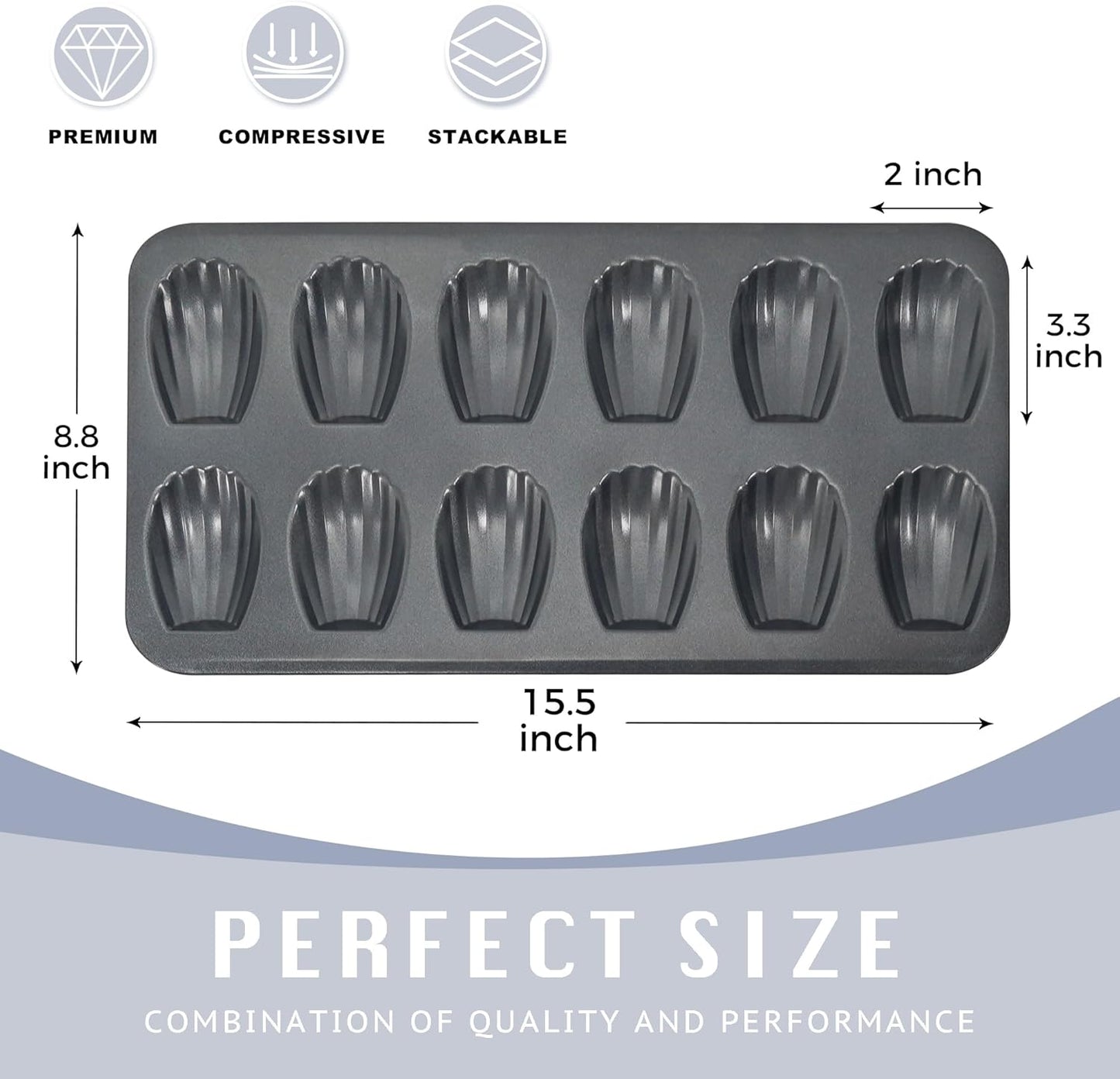 HONGBAKE Nonstick Madeleine Pan 2 Pack 12-Cavity Heavy Duty Madeleine Cookies Trays for Oven Baking, Warp Resistant Shell Shape Madeleine Mold Cake Pan, Space Grey