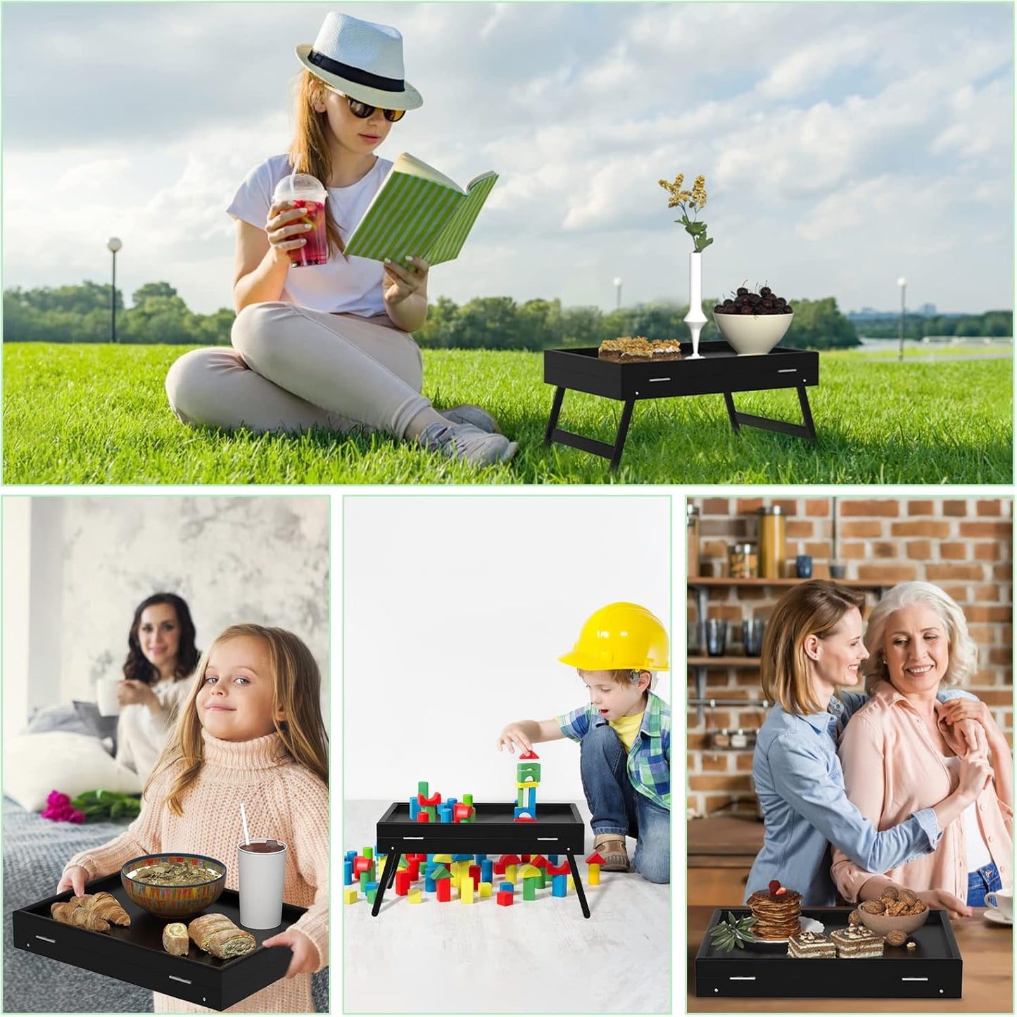 Artmeer Bed Tray Table Breakfast Food Tray with Folding Legs Serving Tray for Laptop Desk, Sofa,Platters,TV,Snack,Eating Tray(Black, Medium)