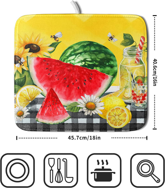 Summer Watermelon Dish Drying Mat Microfiber,Yellow Lemon Buffalo Plaid Dishes Drainer Mats 16x18 Inch,Absorbent Washable Large Drainer Rack Pad Protective Kitchen Counter Decor